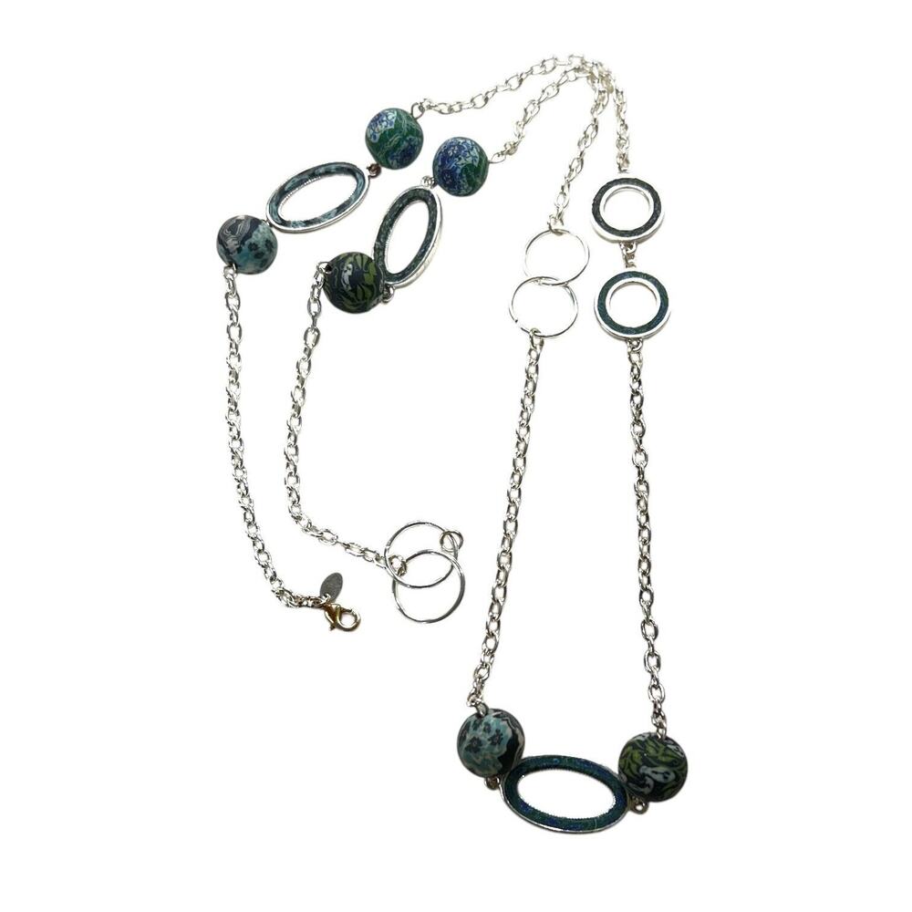 Viva Beaded Necklace Blue Green Clay Silver Tone Links Long Fashion Chain
